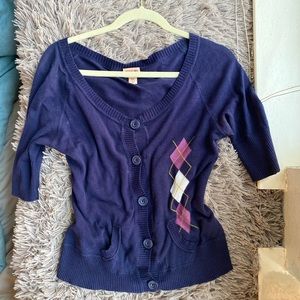 Blue cardigan top with purple and white checkers by Mossimo Supply Co.